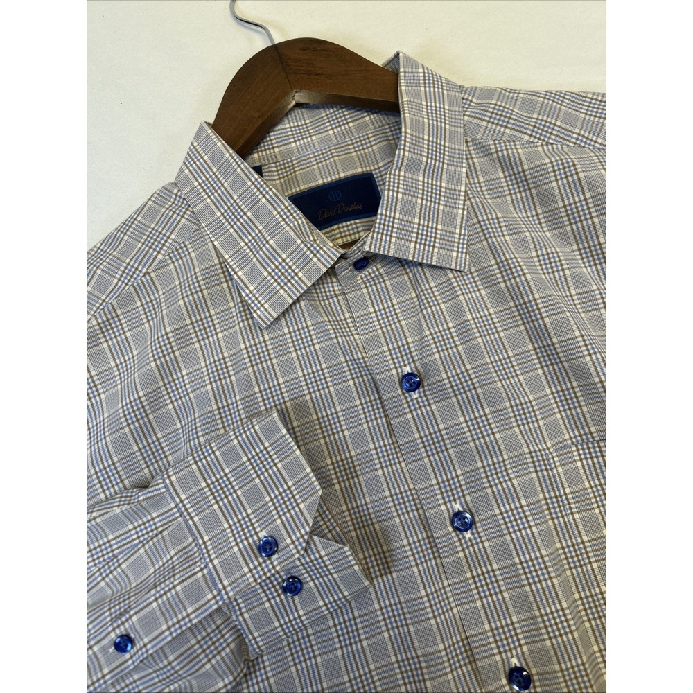 David Donahue Gray Plaid Button Up Shirt Mens Large Long‎ Sleeve All Cotton